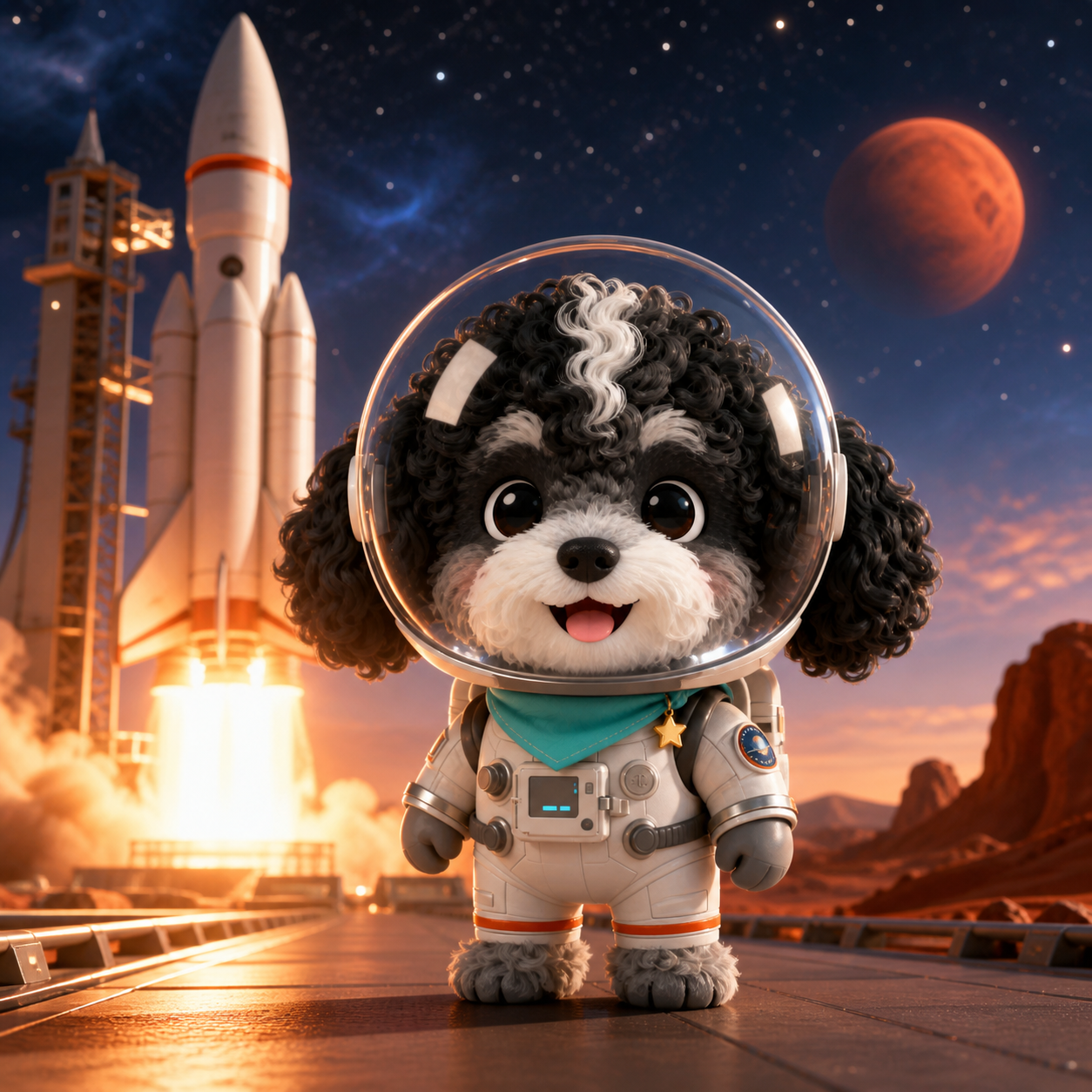 Marvin in a space helmet and suit in front of a launch vehicle on Mars